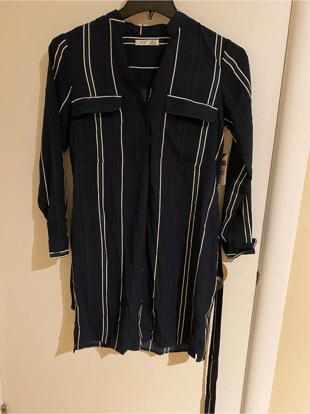 Dex Navy and White Vertical Stripe Shirt Dress with Waist Tie